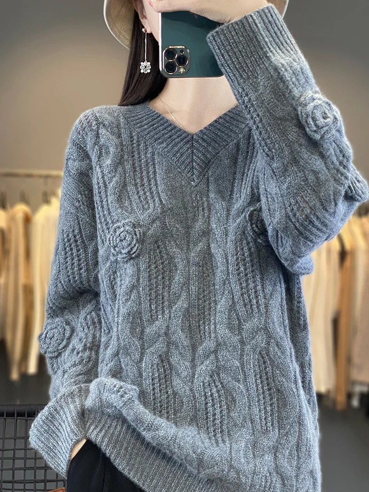 New Arrivals Large Size 100% Merino Wool Hollow Out Women's Sweater O-Neck Pullovers Knitted Jumpers Lady Clothes Fashion Trends