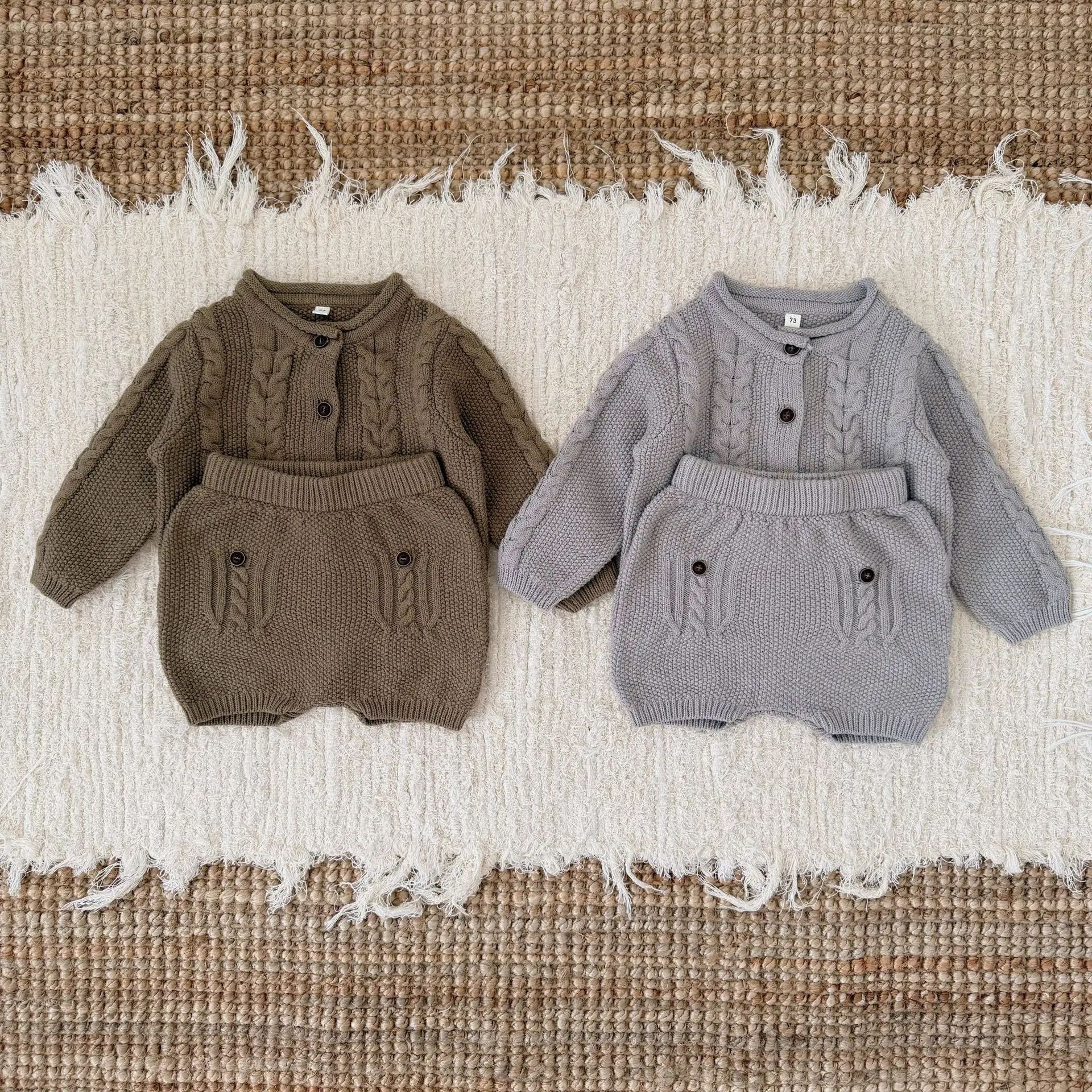 

Warm Knitted 2 Piece Set for Toddler Boys Vintage Cable Cardigan Wooden Button Shorts Baby Girls Knit Suit