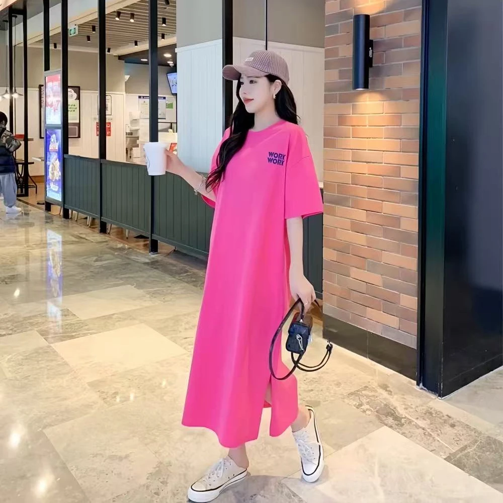 Loose Short Sleeve T-Shirt Dress Korean Style Personalized Large Size Hong Kong Style Design Sense Mid-Length Slit Can Be Wor...