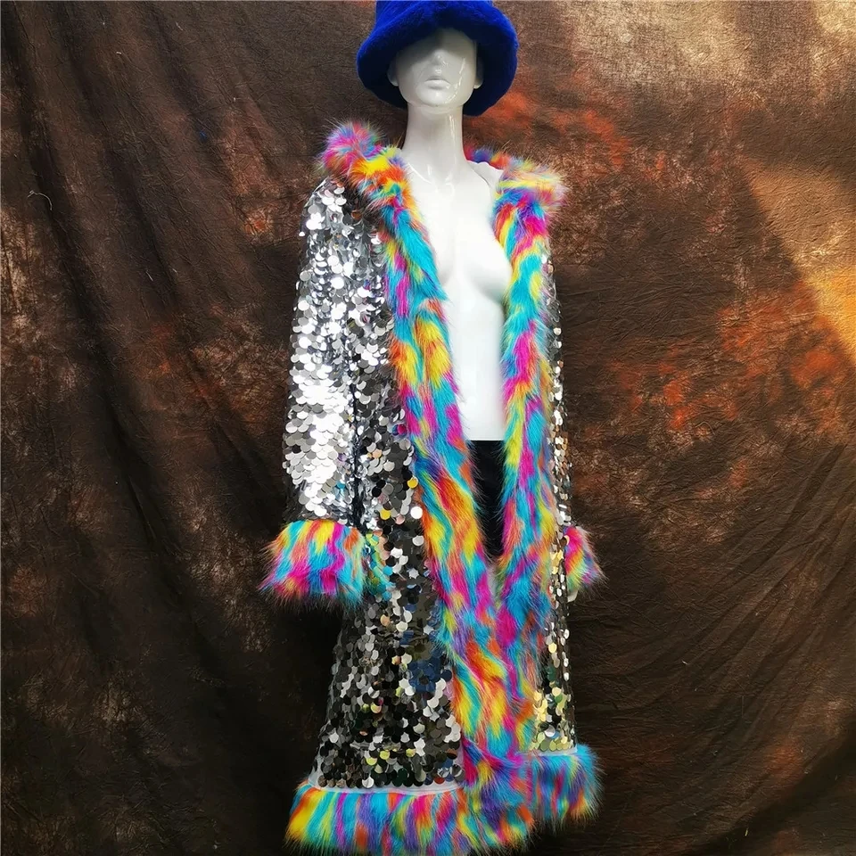 Bar Show Stage Performance Clothes Fur Hooded Long Cloak Coat Shining Sequins Pink Splicing Sequined Overcoat Drag Queen Costume