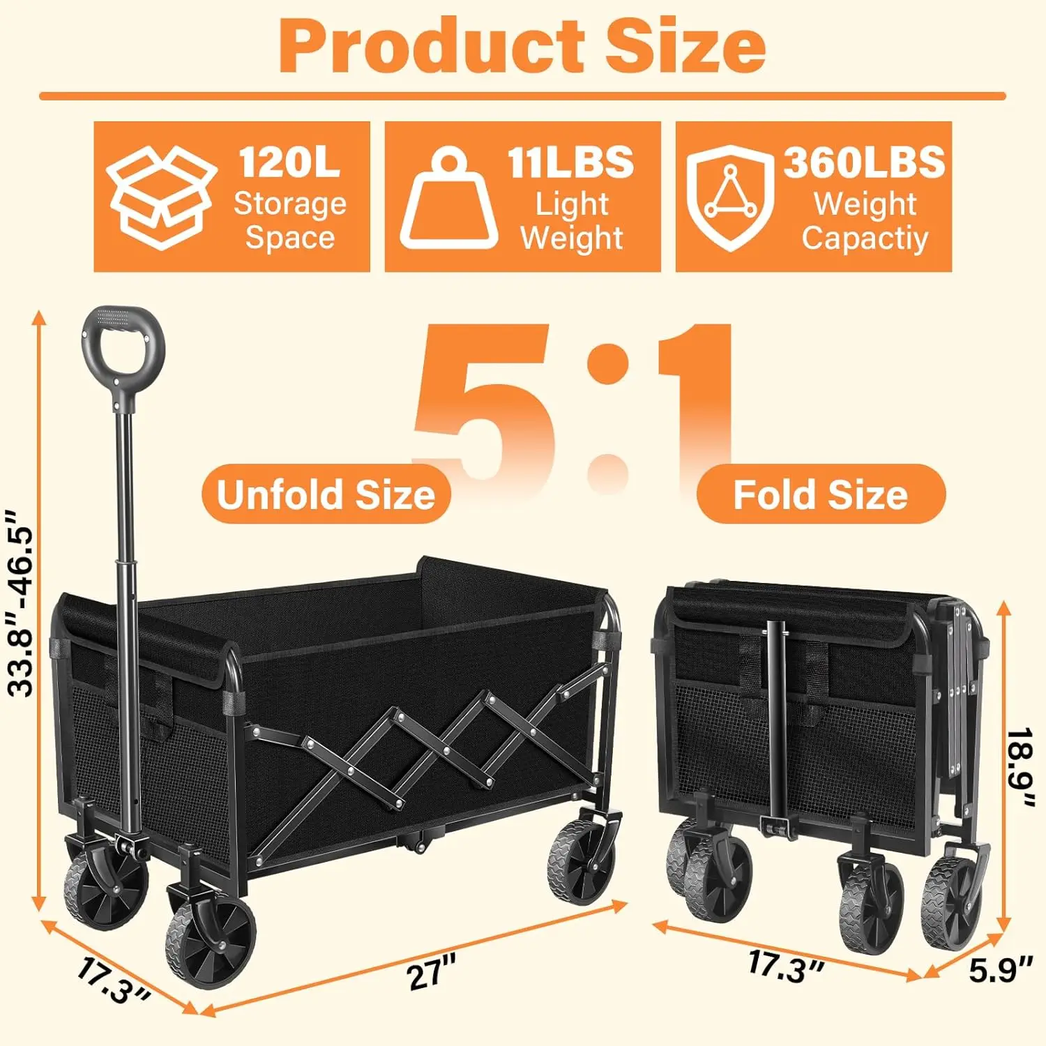 Opvouwbare wagenwagen met wielen, capaciteit van 360 lbs, lichtgewicht voor kamperen, reizen, picknicken, winkelen, sportopslag