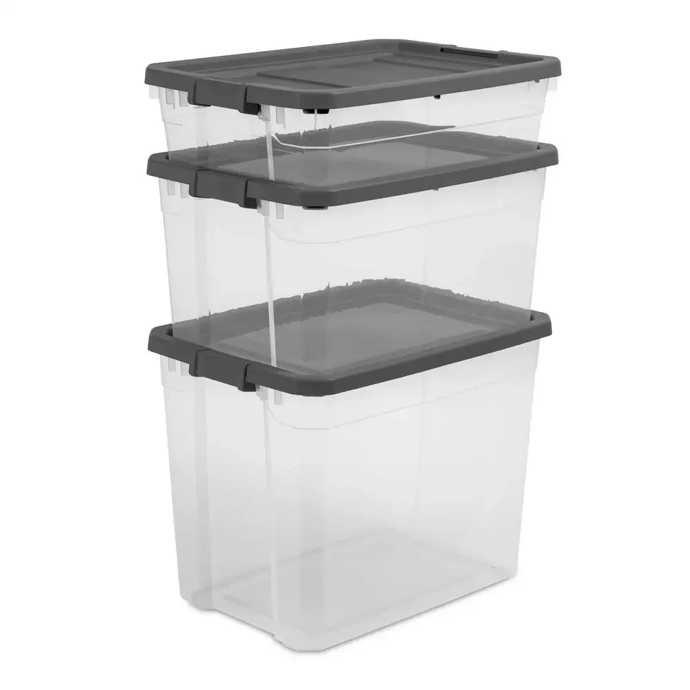 108 Quart Stacker Box Set of 4 Durable Plastic Clear Base Secure Latches Textured Surface Stackable Carrying Handles Sports