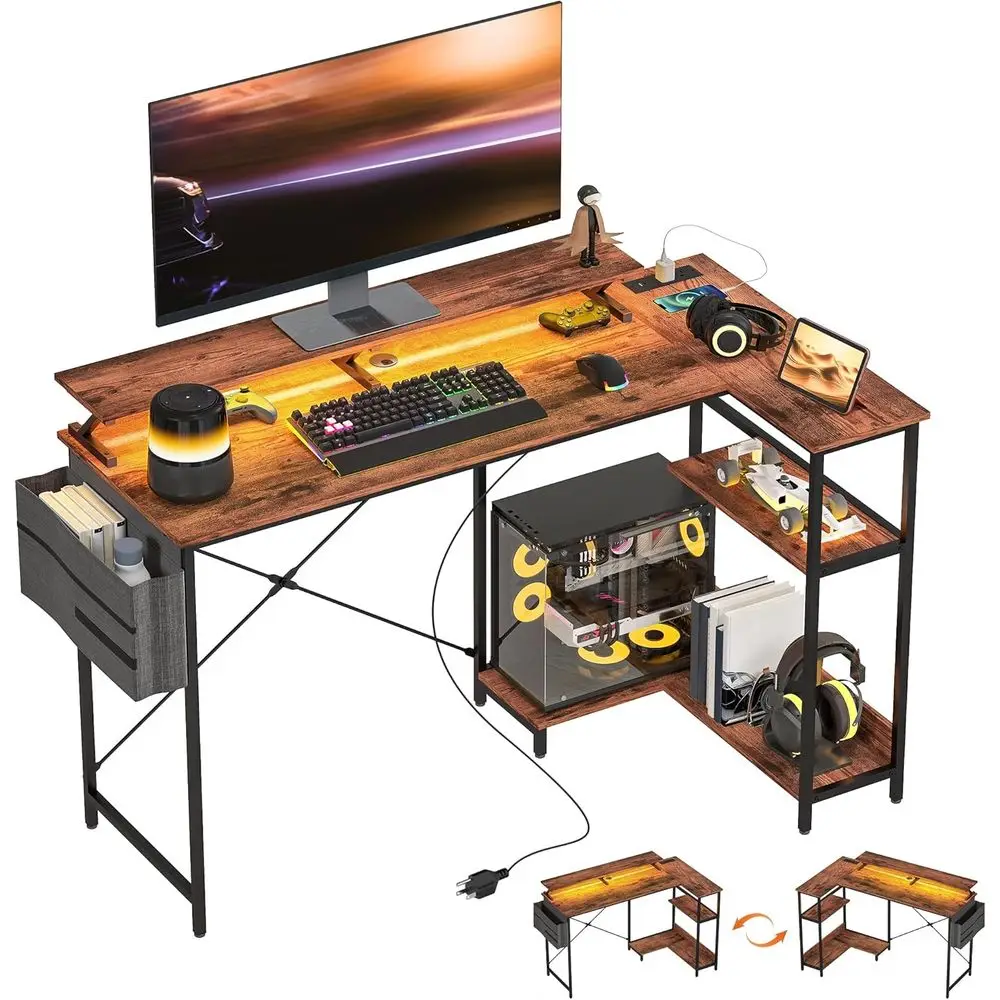 

58 L-Shaped Gaming Desk with Power Outlets, LED Lights, Reversible Stand, Fabric Storage, Cable Management, Rustic Brown