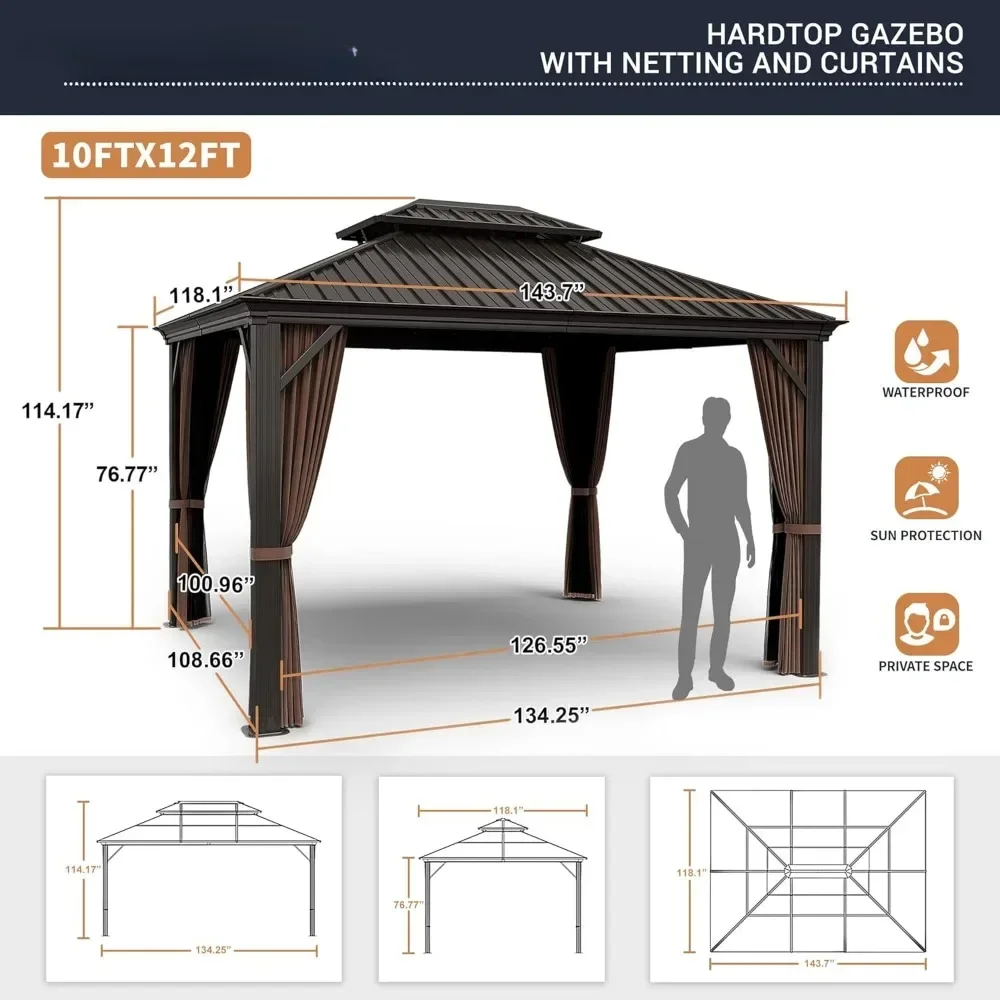 10x 12' Hardtop Gazebo, with Netting and Curtains, Double Roof Patio Metal Gazebos Canopy for Patio, Deck, Outside Canopy Gazebo