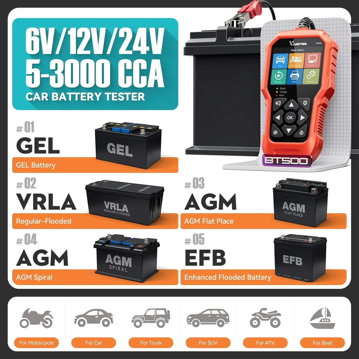 VDIAGTOOL BT500 12V/24V Battery Tester Automotive Battery Charger Analyzer Vehicle Cranking Charging Tool Car Battery Starter