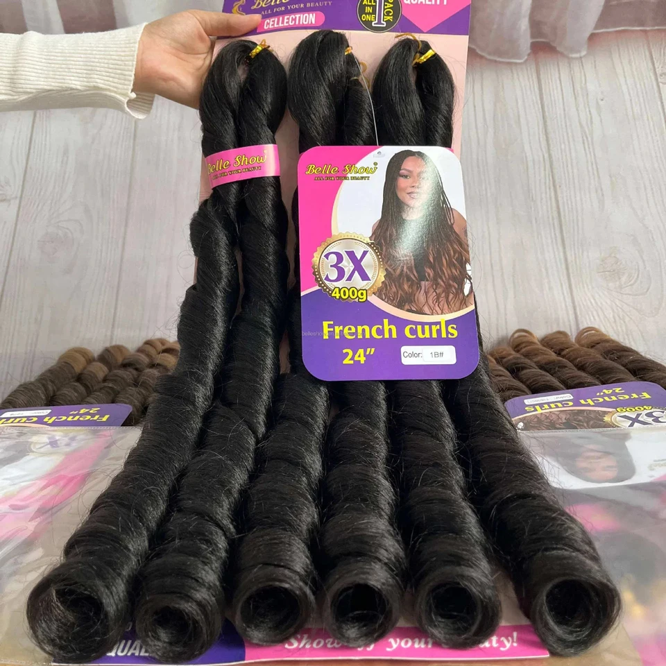 Paquetes de cabello para trenzas French Curly, sintético, ondulado, 24 pulgadas, 3 piezas por paquete 3