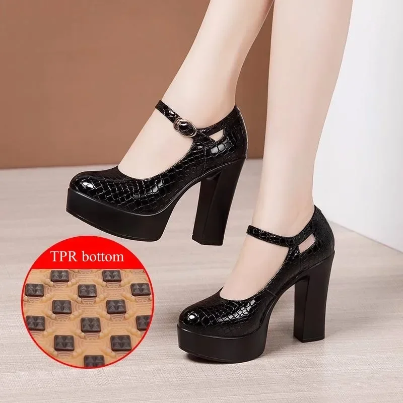 Small Size 32-43 Black Genuine Leather Shoes Shallow Platform Pumps Women 2024 Block High Heels Mary Jannes for Office Model Mom