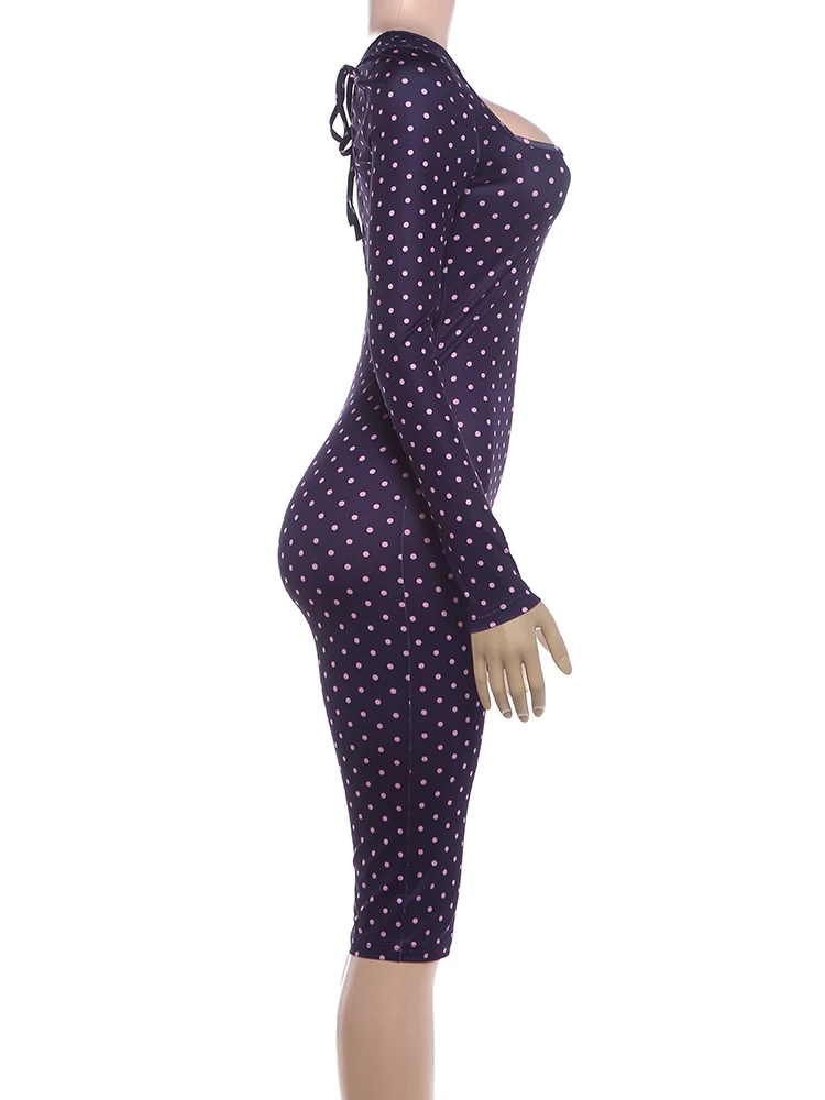 Weird Puss Sexy Mode-Playsuits für Damen, Polka-Dot-Print, quadratischer Kragen, lange Ärmel, figurbetont, Pfirsichfarben, für Mitternachtsclub-Partys – Detail 13