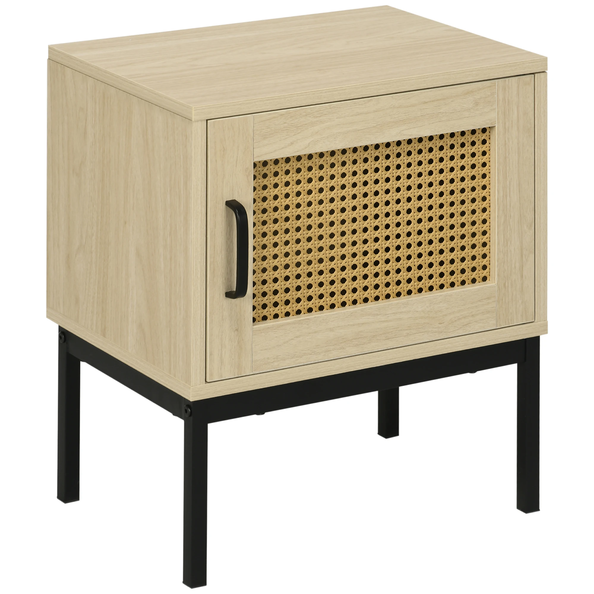 HOMCOM bedside table with rattan grid door Boho bedside table with Metal legs for living room bedroom sofa 43x30x51 cm Oak