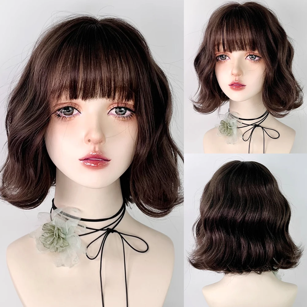 

Brown Bob Short Wavy Synthetic Women Wig Heat Resistant Fluffy Lolita Cosplay Wig with Bangs for Daily Party