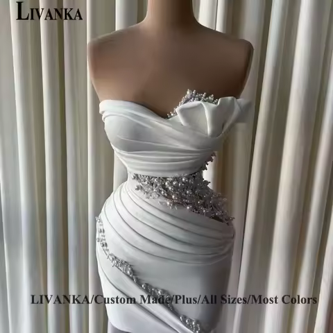 LIVANKA Charming Sheath Homecoming Dresses Ceremony Pearls Ruched Strapless Sleeveless Vestidos De Festa Customized Plus Size