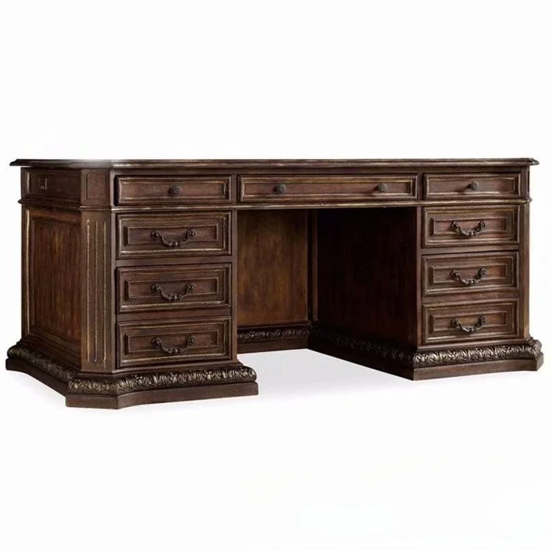 Solid wood office American retro old carved computer desk, study drawer, writing desk