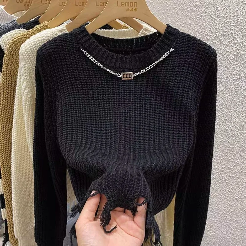 Round Neck Chain Tassel Burrs Ripped Top for Women Autumn Winter New Short High Waist Knitted Sweater