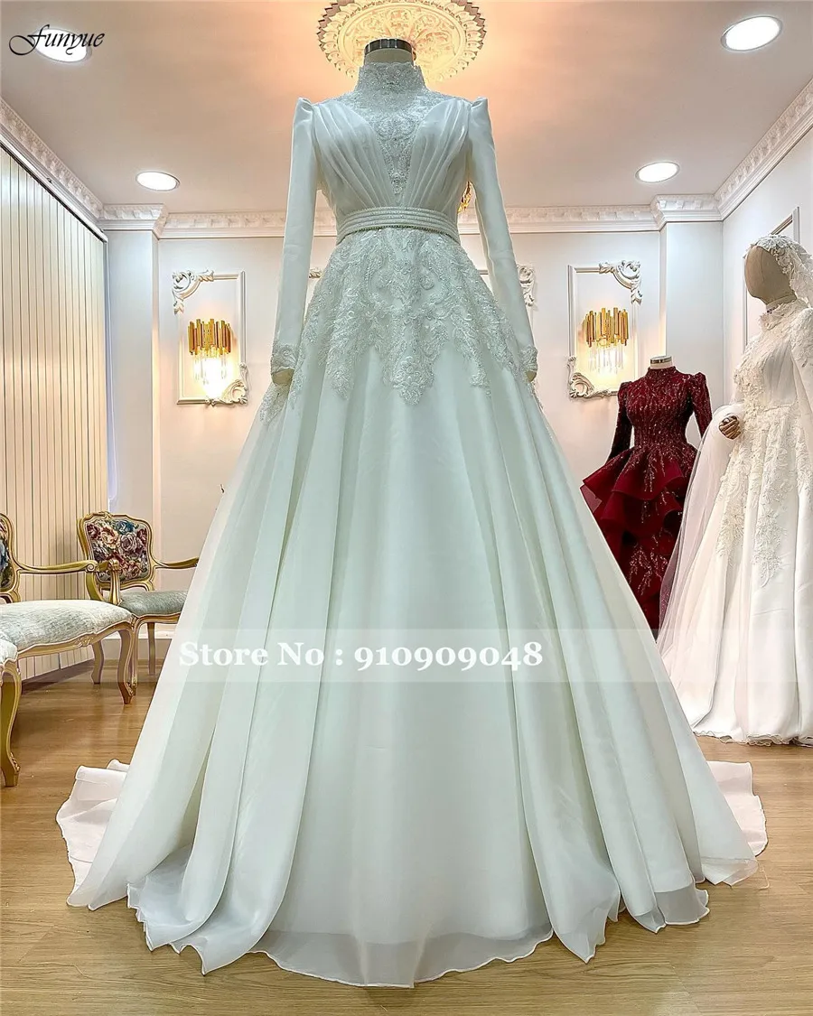 Funyue suknia ślubna vestidos de novia musulmanes de lujo cuello alto árabe Dubai vestido de novia para novia encaje con cuentas Gelinlik islámico