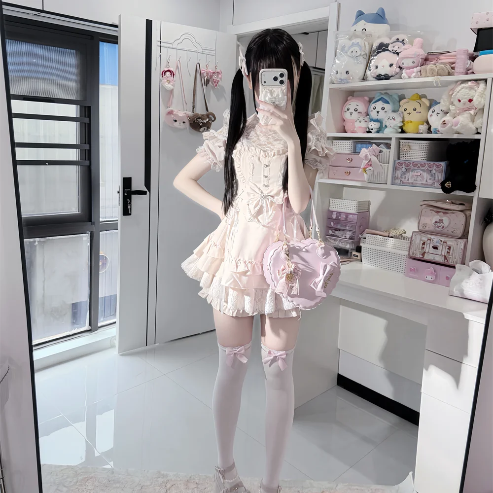 Girls' 2 Piece Sets Summer Japanese Mass-produced Lolita Outfits Sweet and Cute Kawaii Short Sleeve Dress with Shorts Set