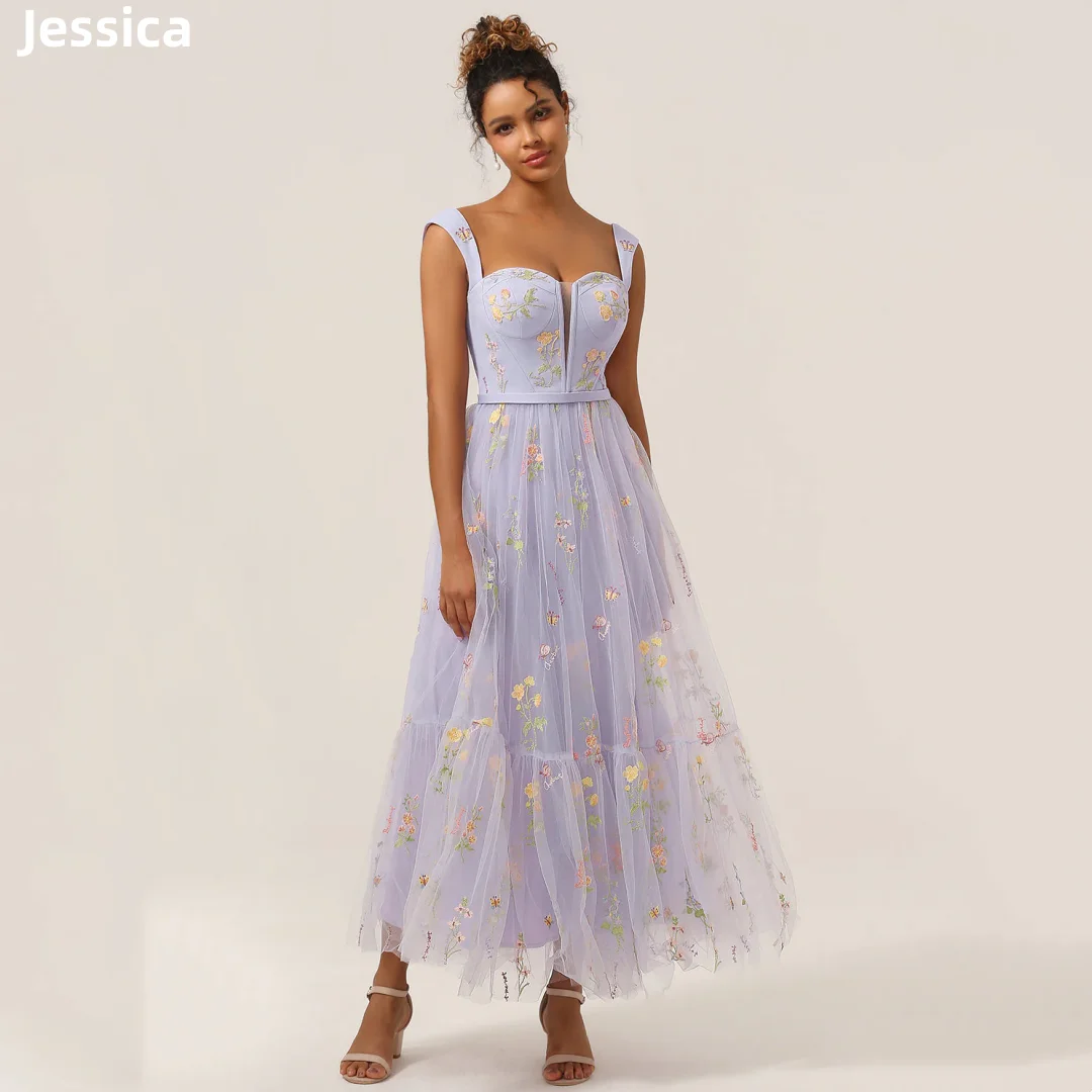 Jessica Pale purple Prom Dresses Tulle Floral Fairy Evening Dresses Princess Thin Straps For A Short Length Wedding Party Dress