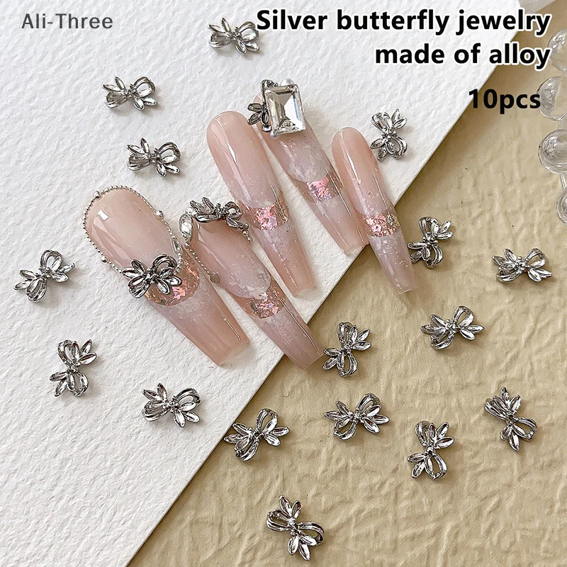 20 pezzi in lega d'argento con fiocco per unghie, nastro di lusso, ali di farfalla, metallo, nail art, strass, decorazione, accessori per manicure