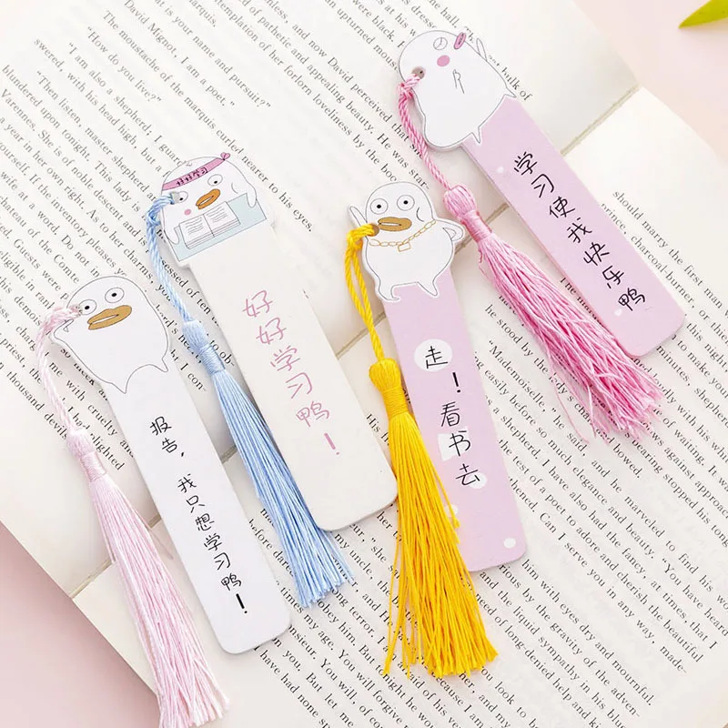 12 Pcs Book Marks Korean Creative Cartoon Inspirational Duck Wooden Ruler Small Fresh Cute Tassel Pendant Wooden Bookmark Flip