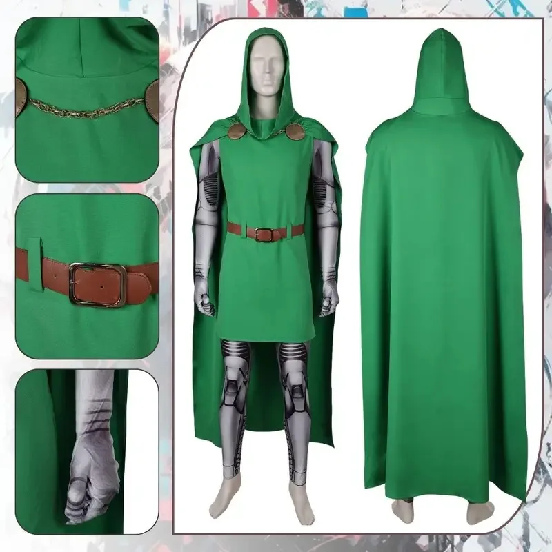 

Fantastic Doctor Doom Cosplay Costume Disguise for Men Jumpsuit Cloak Belt Superhero Role-playing Outfit Halloween Carnival Suit