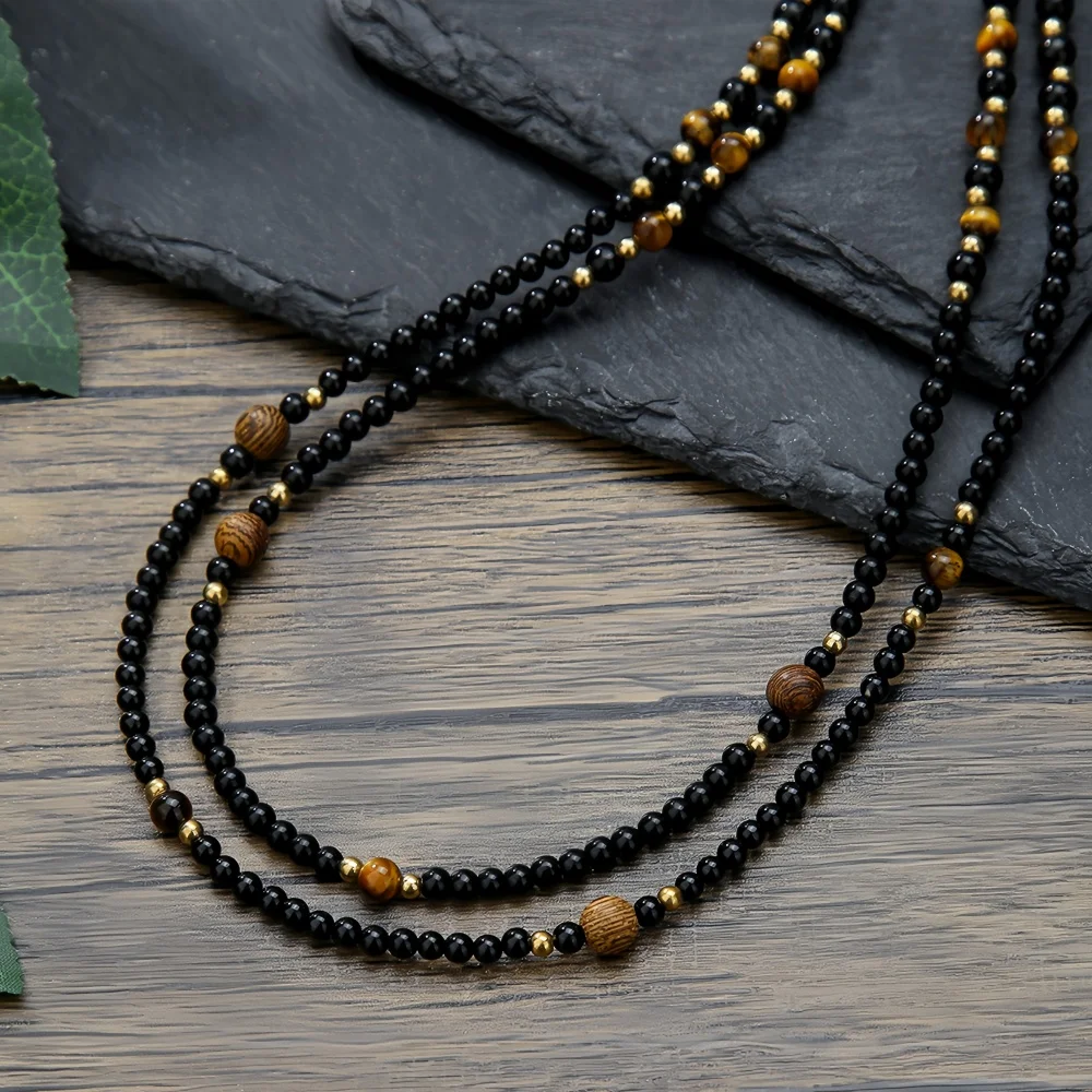 Schwarze Naturstein-Tigerauge-Perlen Lange Pulloverkette Halskette Retro Herrenhalskette Modeschmuck Trendige Accessoires – Detail 5