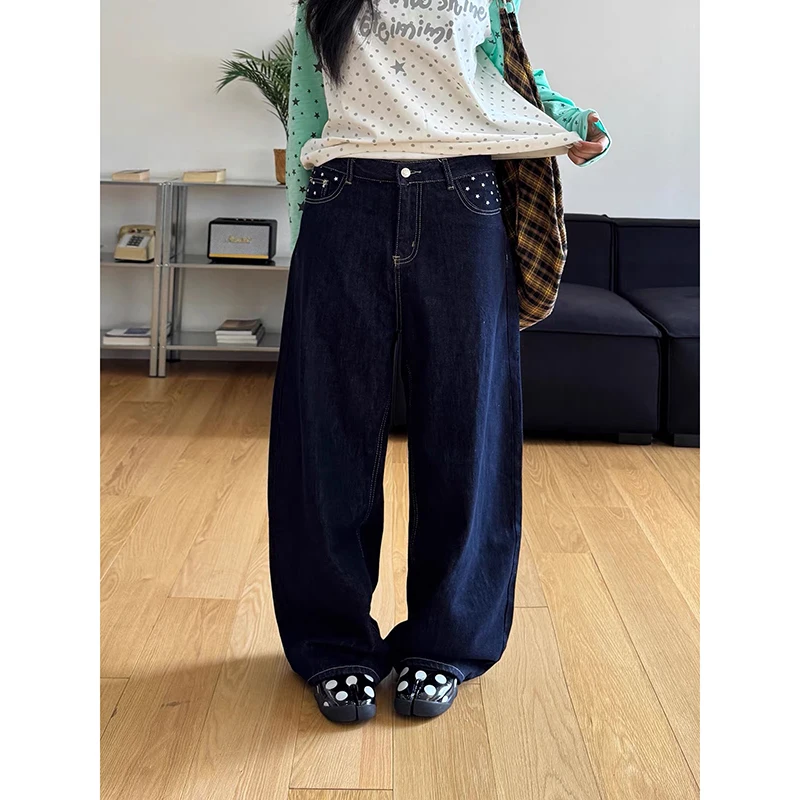 ZHIZOU Women Gothic Baggy Y2k Blue Jeans American 2000s Style Star Scimitar Jeans Pants Vintage Harajuku Splice Denim Trousers