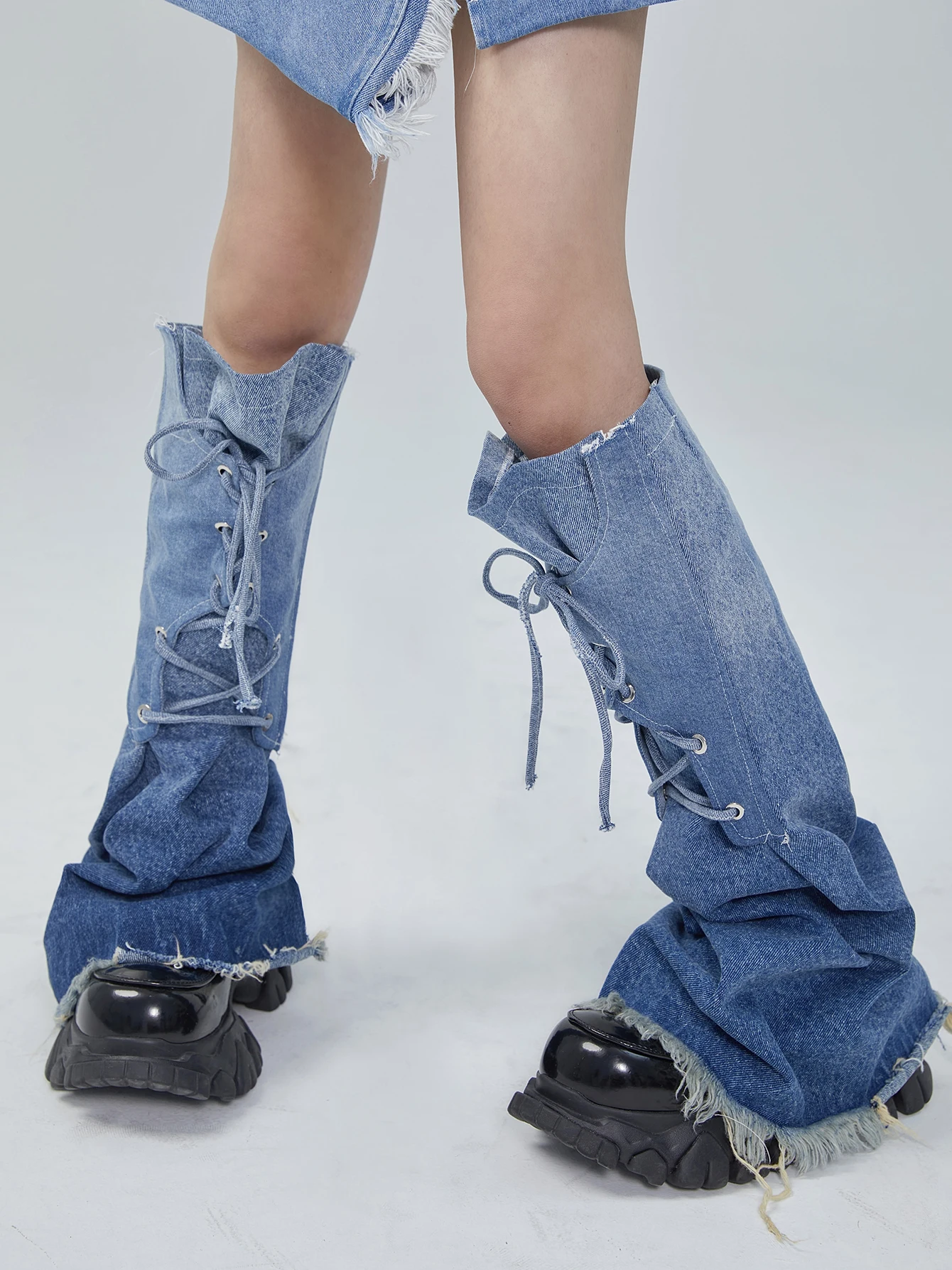 REDDACHiC Lace Up Gradient Blue Women Leg Warmers Denim Boots Cover Y2k Grayu Japanese Girl Leg Gaiters Flared Knee Long Socks image 4