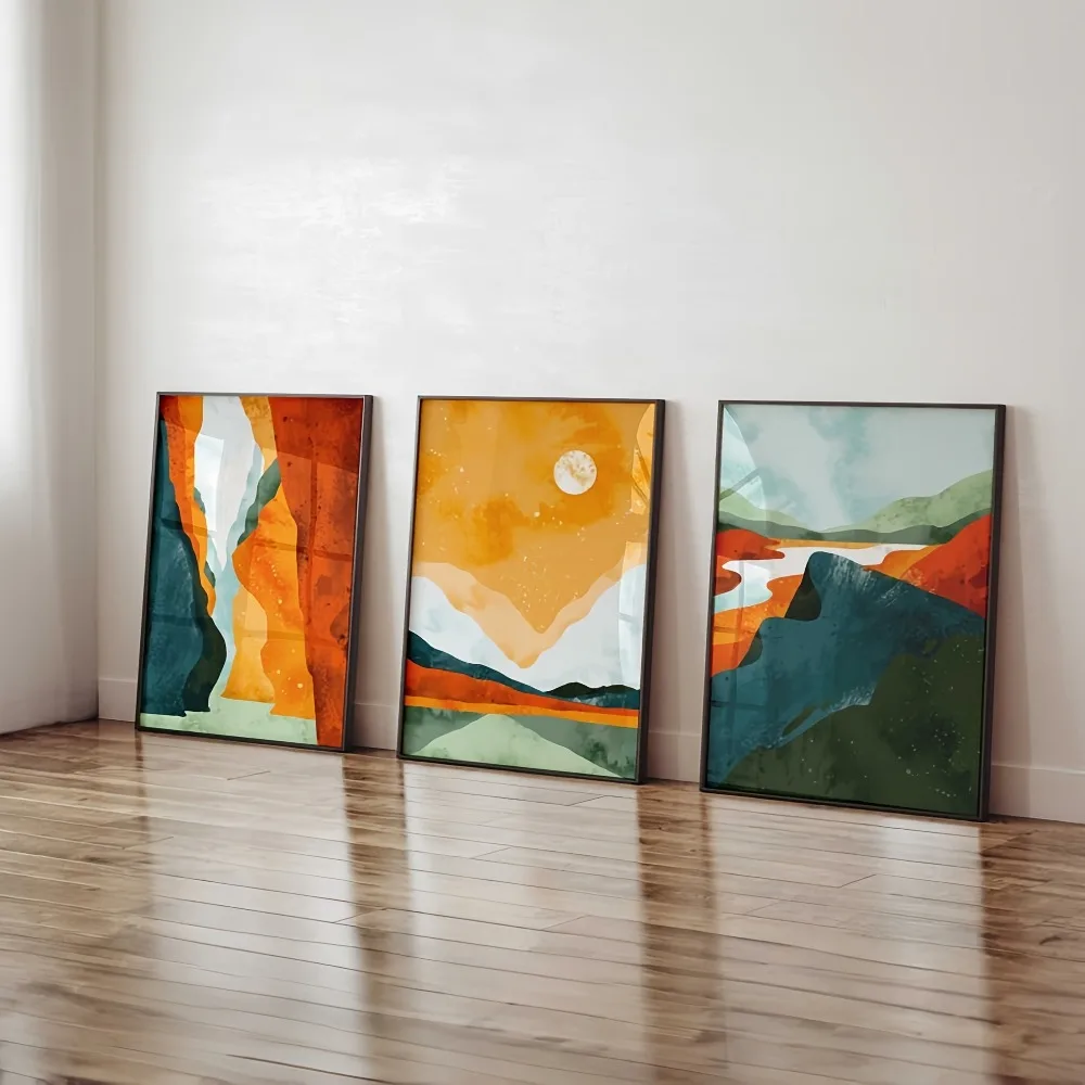 3pcs Frameless Boho Modern Art Poster,Sun and Mountain Illustration,for Room Decor Such As Office,Living Room or Dining Room