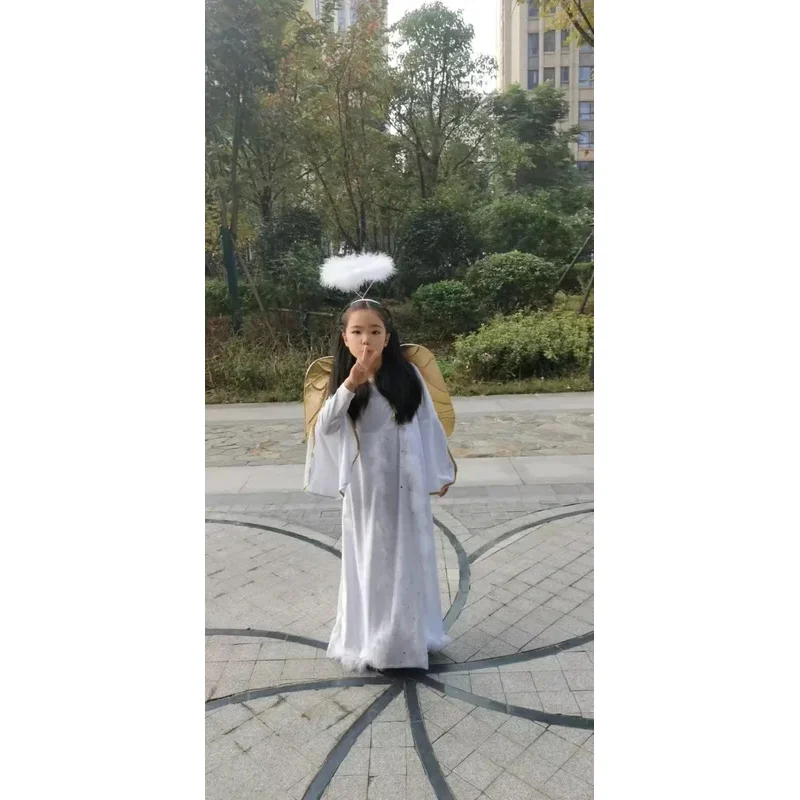 

Детский праздничный костюм феи для девочек, нарядная одежда для косплея в стиле аниме, платье с золотыми крыльями ангела, наряд