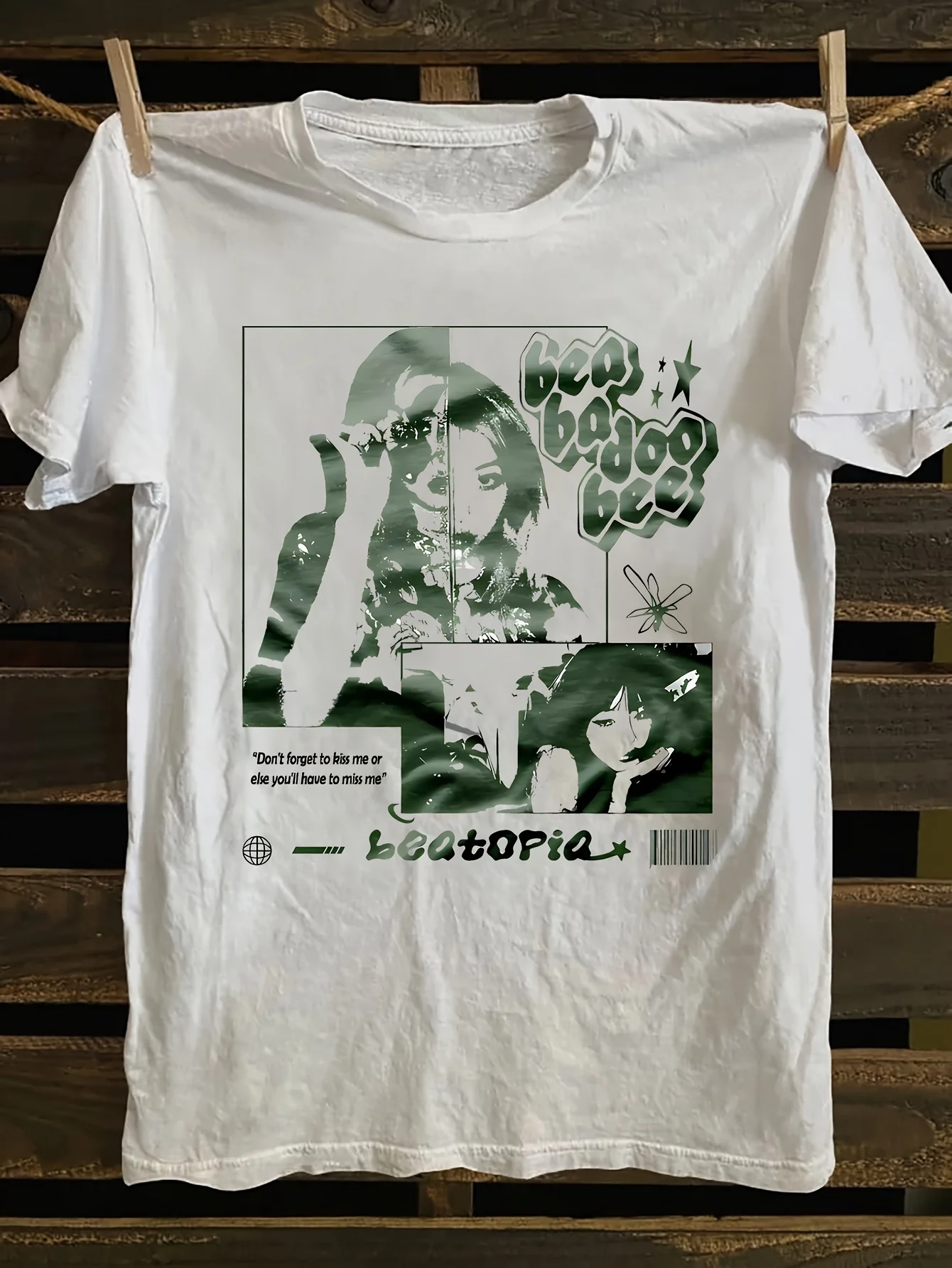 

Women's Printed T-Shirt Short Sleeve Crew Neck Casual Top Design "Happy Bees" Green and White Bee Pattern