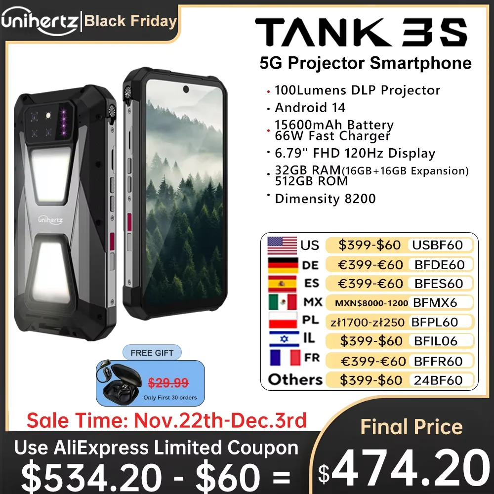 Unihertz 8849 Tank 3S Projector Smartphone 32GB 512GB 5G Phone Dimensity 8200 64MP Night Vision Phone Dual Sim 120Hz Screen