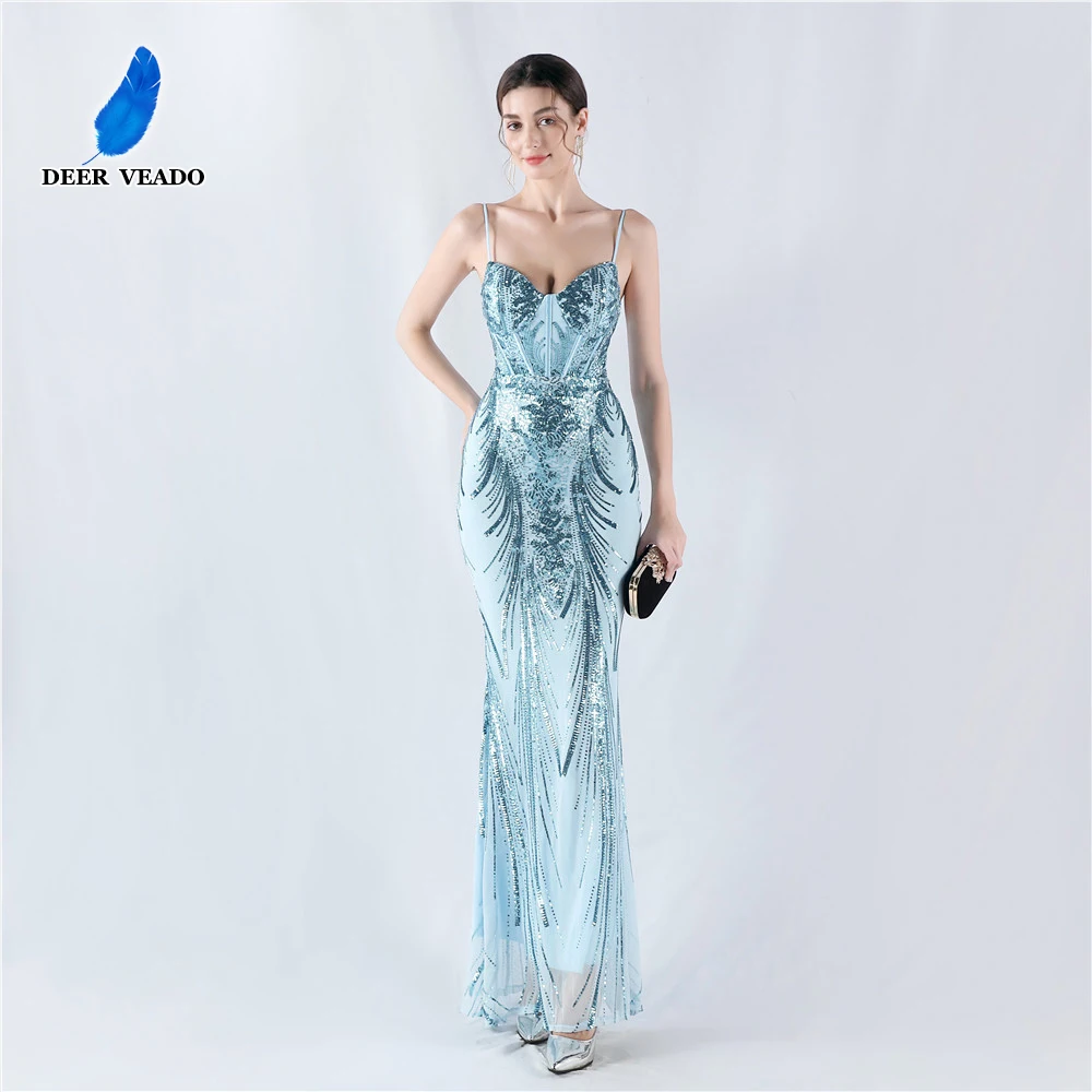 DEERVEADO 10 Colors Mermaid V Neck Strap Evening Dresses Elegant Party Dresses Woman Sequins Formal Dress for Special Occasions