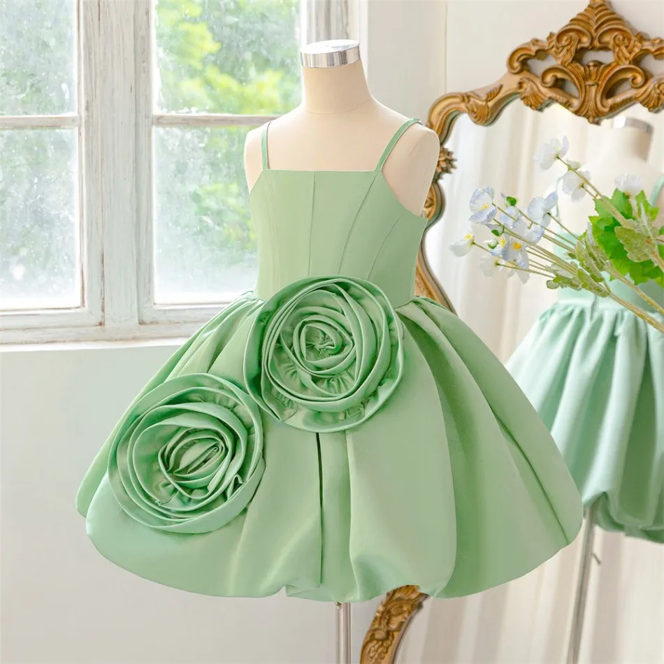 Girls Mint Green Spaghetti Strap Flower Girl Dress 3D Large Rose Bustier Bubble Puffy Skirt Kids Wedding Party Costume ASQ03