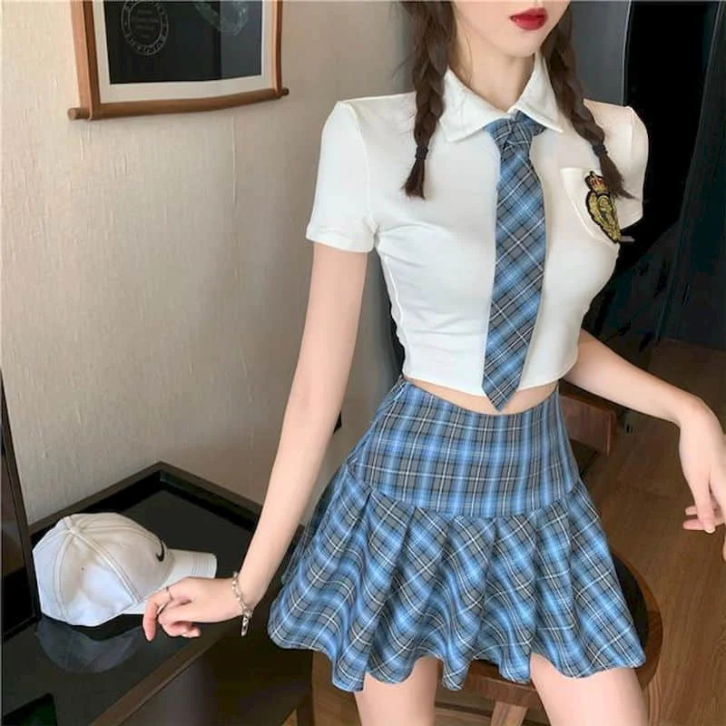 

Dress Sets Casual Summer New Two Piece Sets Women Outfits Korean Fashion preppy style Short Sleeve Crop tops and Pleated Skirts