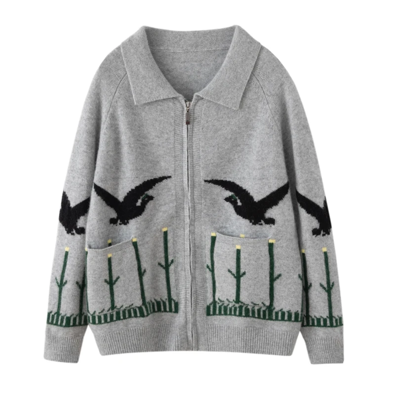 

Women Polo-neck Cardigan Cashmere Sweater Fashion pigeon jacquard Autumn Winter 100% Cashmere Knitwear Thick Loose Knit Clothes