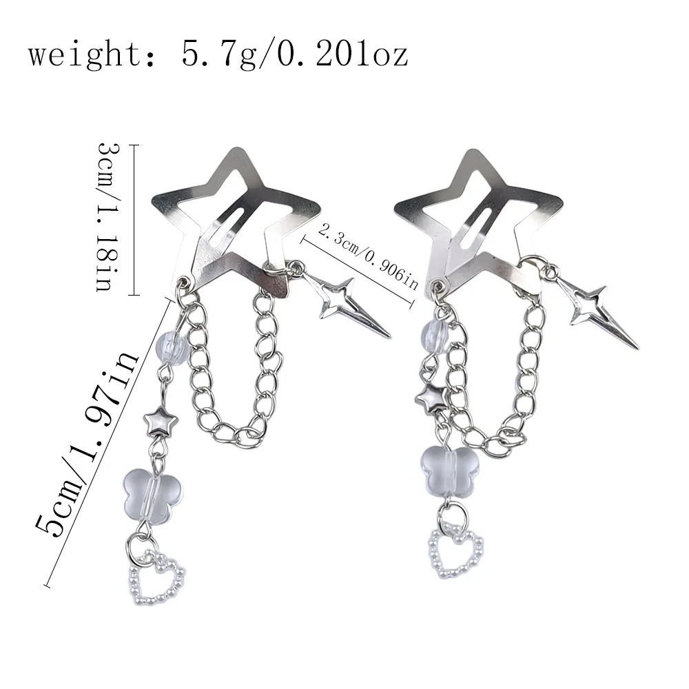 2pcs Korea New Fashion Five-pointed Star Tassel Side Hair Clip Female Creative Handmade Sweet Girl Hair Y2k Butterfly Hairpin view 6