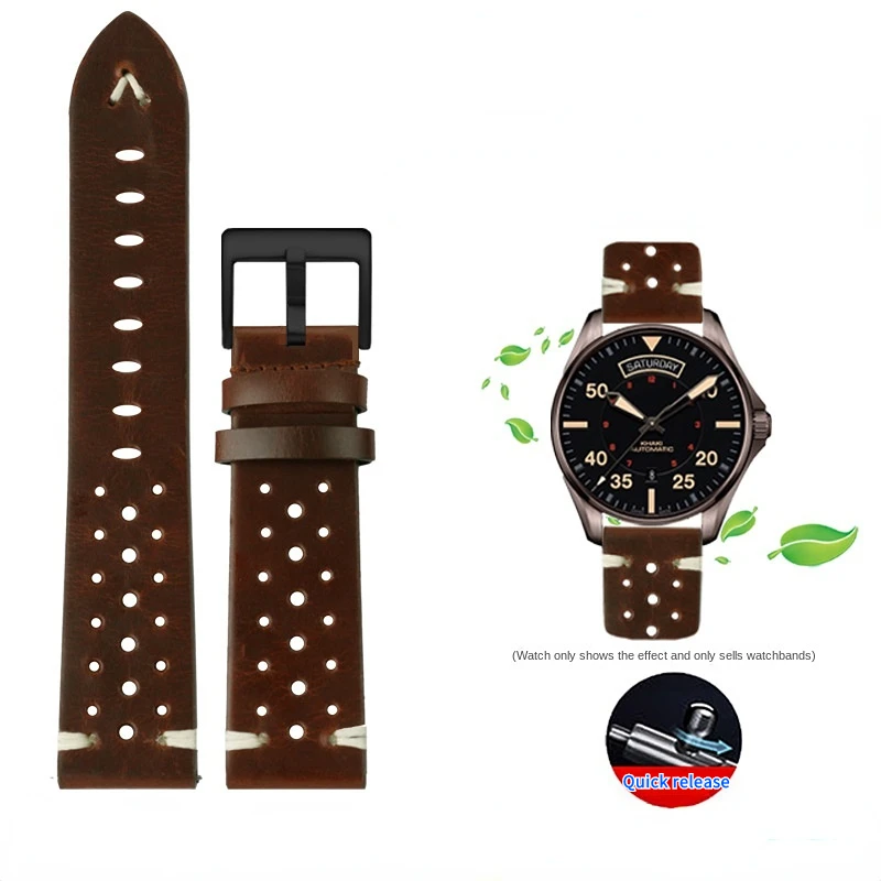 Porous Genuine Leather Watchband Handmade Oil Wax Breathable Strap For MIDO M005 Samsung Galaxy Watch 4 3 Vintage Accessories