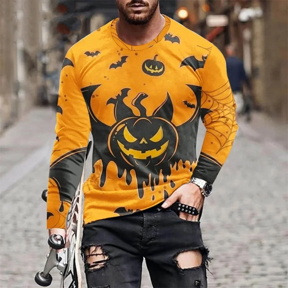 

Halloween Men's Long Sleeve T-shirt 3D Pumpkin Printed Pullover Top Outdoor Street Hip HopOversized Y2K Streetwear Men Clothing