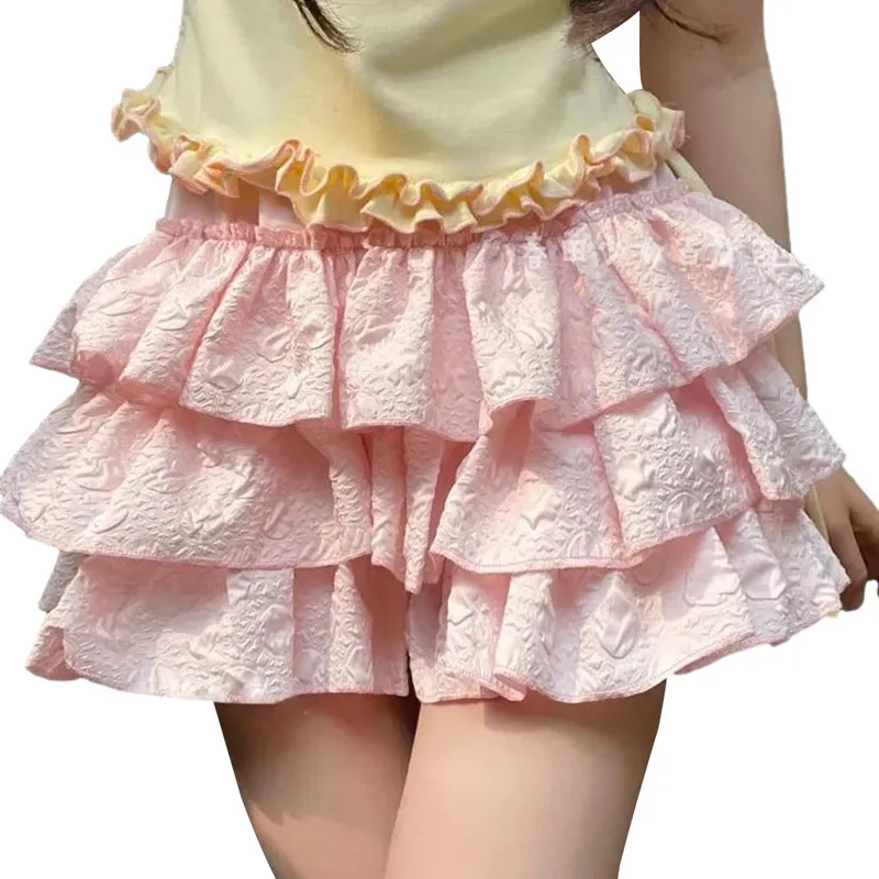 

WPNAKS Women Fashion Bloomers Shorts Summer Clothes Lolita Solid Color 3D Wrinkled Layered Ruffle Elastic Waist Short Pants