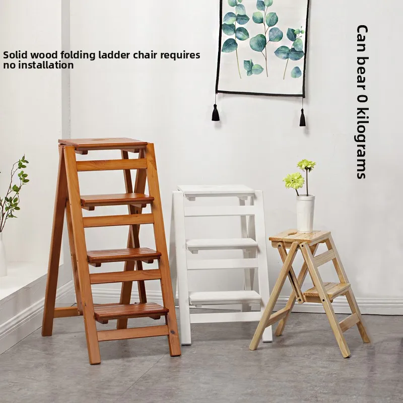 Solid Wood Household Multi-functional Folding Ladder Stool Dual-purpose Four-step Ladder Chair Thickened Indoor Mobile