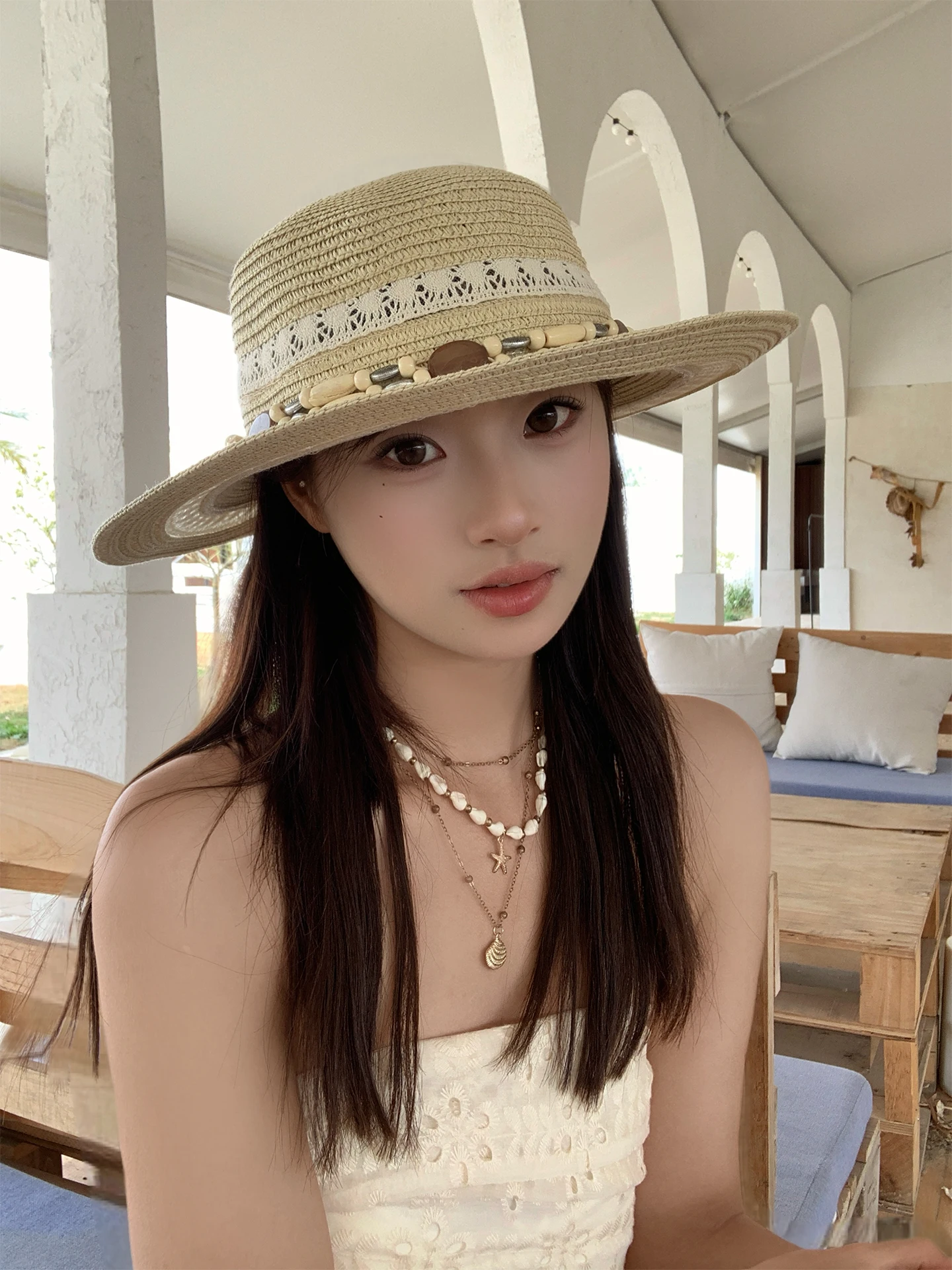 Retro Ethnic Style Flat Top Straw Hat Women Summer Beach Vacation Photo Shoot Woven Sunshade Protection Sun Hat Adjustable Band