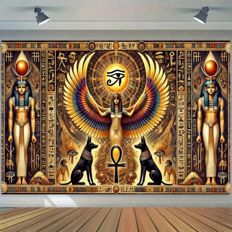 VIKAMA Egypt Myth Wall Tapestry Winged Goddess Anubis Dog Hieroglyph Ancient Culture Pattern Fabric Wall Backdrop