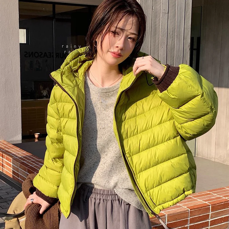 Winter Color Blocking Splice Hooded Down Jacket Women White Duck Down Waterproof Outwears Female Drawstring Warm Down Jacket