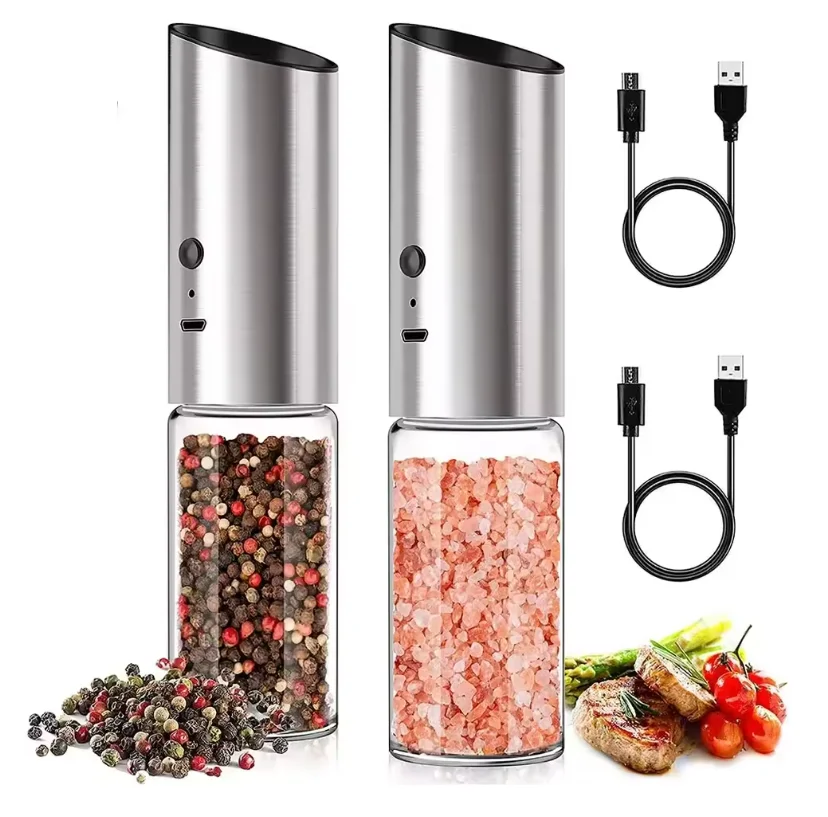 USB Rechargeable Electric Salt And Pepper Grinder Set Automatic Stainless Steel Spice Mills Shakers Kitchen Tool