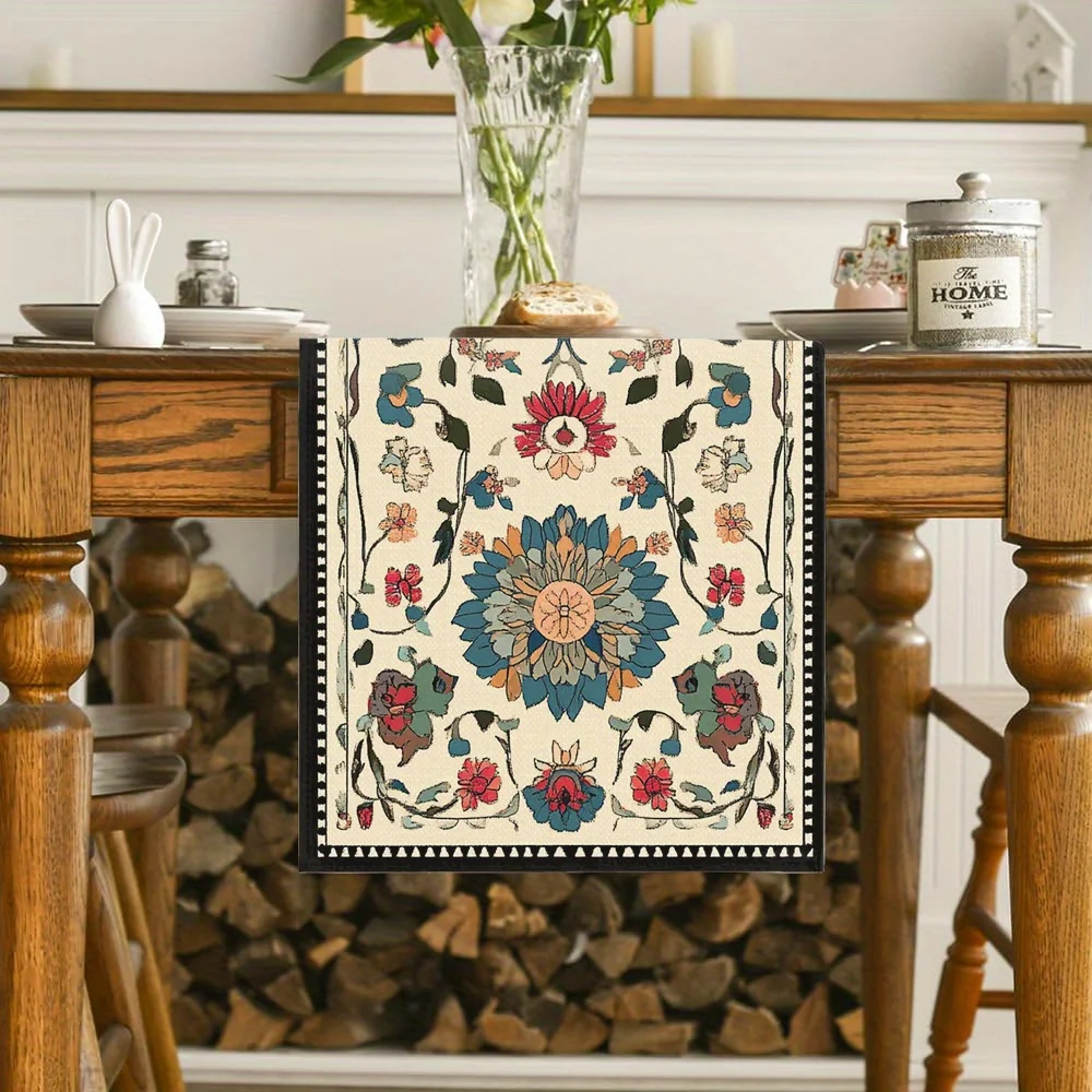 Vintage Floral Table Runner - Ethnic Spring Summer Nostalgic Print, Exquisite Vintage Table Decor for Dining & Living Room