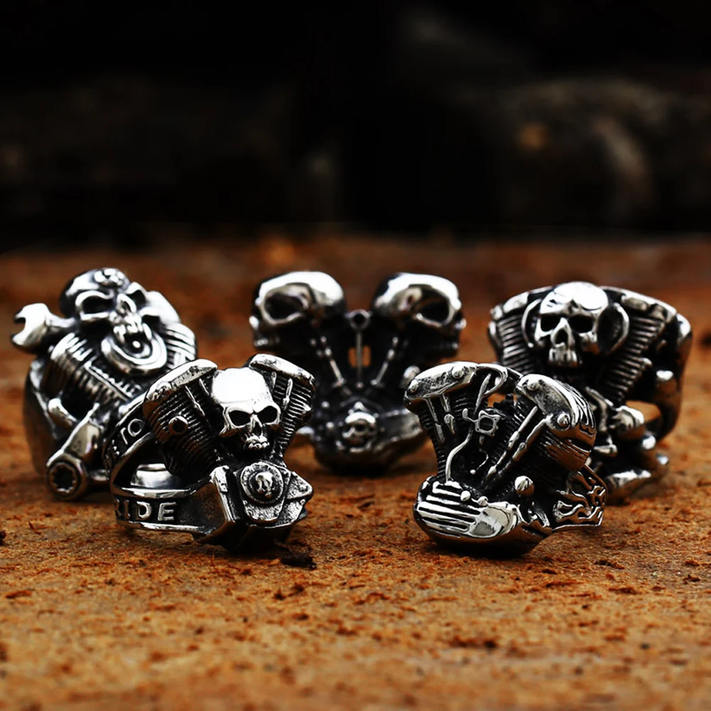 Punk Cool Man Motorcycle Engine Ring For Men Boy Gothic 316L Stainless Steel Biker Skull Ring Fashion Jewelry Gift Wholesale