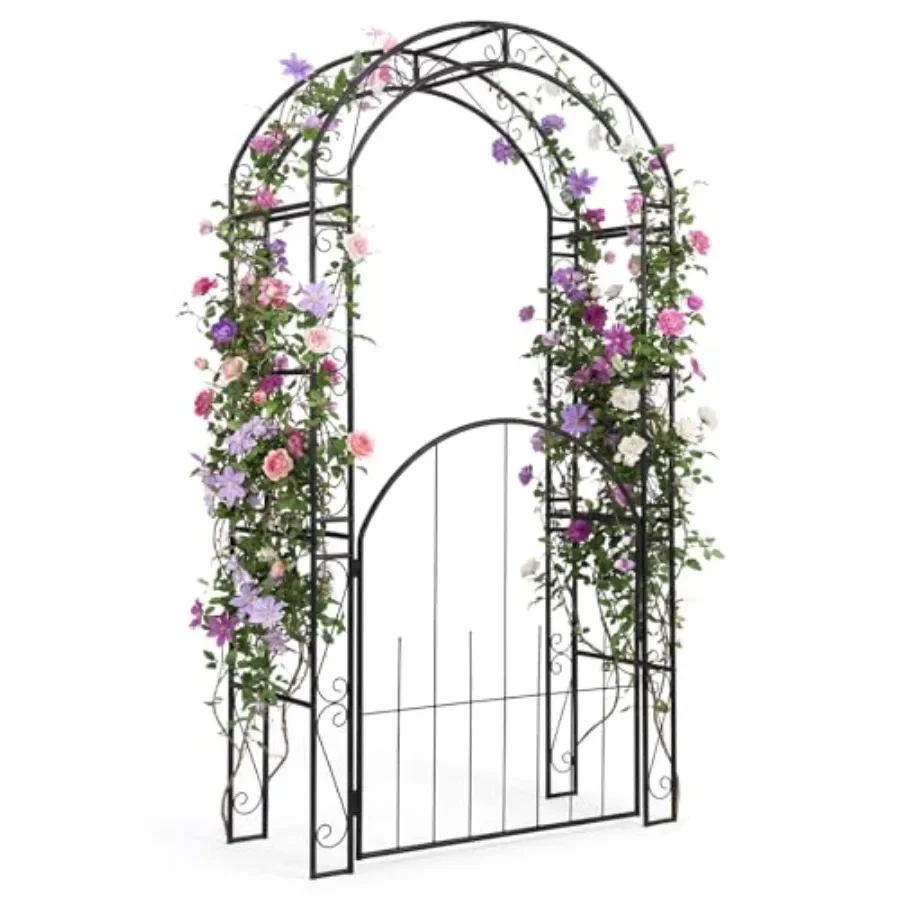 84'' Metal Garden Arbor with Gate, Arch Trellis for Climbing Plants Outdoor Use, Powder-Coated Steel, Black, Rust-Resistant Stu