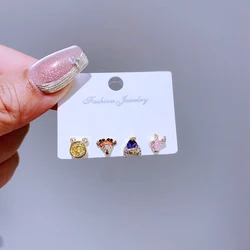 4pcs/set Mix and Match Sweet Cartoon Bear Tiger Stud Earrings for Women Girls Colorful Cubic Zircon Jewelry
