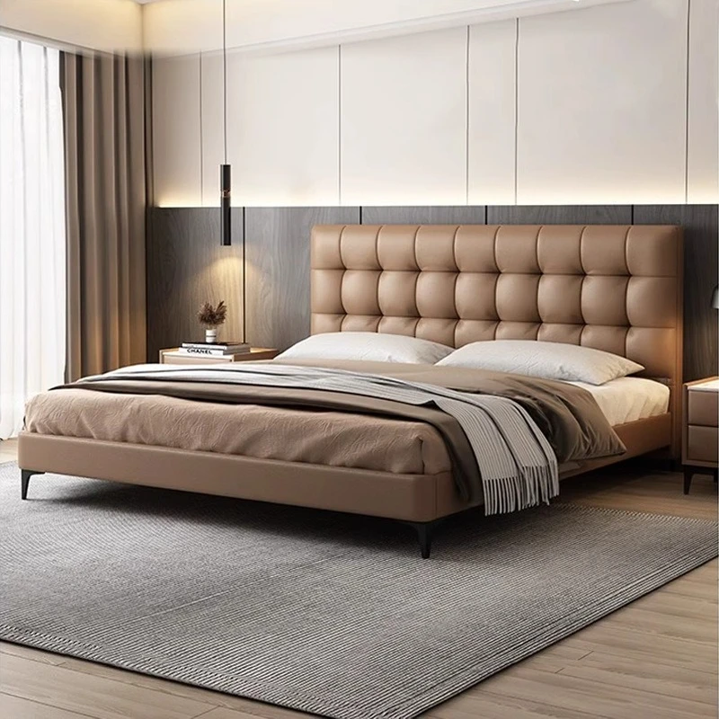 Cama minimalista italiana moderna con borde delgado, cama doble para dormitorio principal, base de cama tamaño king/queen, muebles para el hogar.