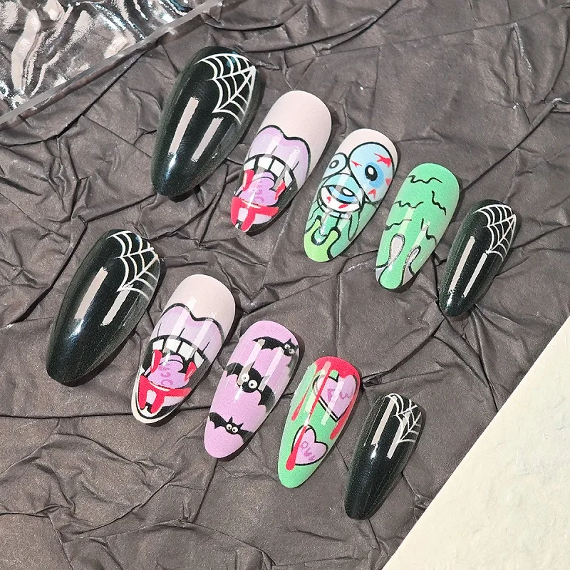 24 Stuks Halloween Graffiti Anime Stijl Nep Nagels Met Spinneweb Ontwerpen Druk Op Nagels Lange Amandel Franse Valse Nagels Afgewerkte Nagels