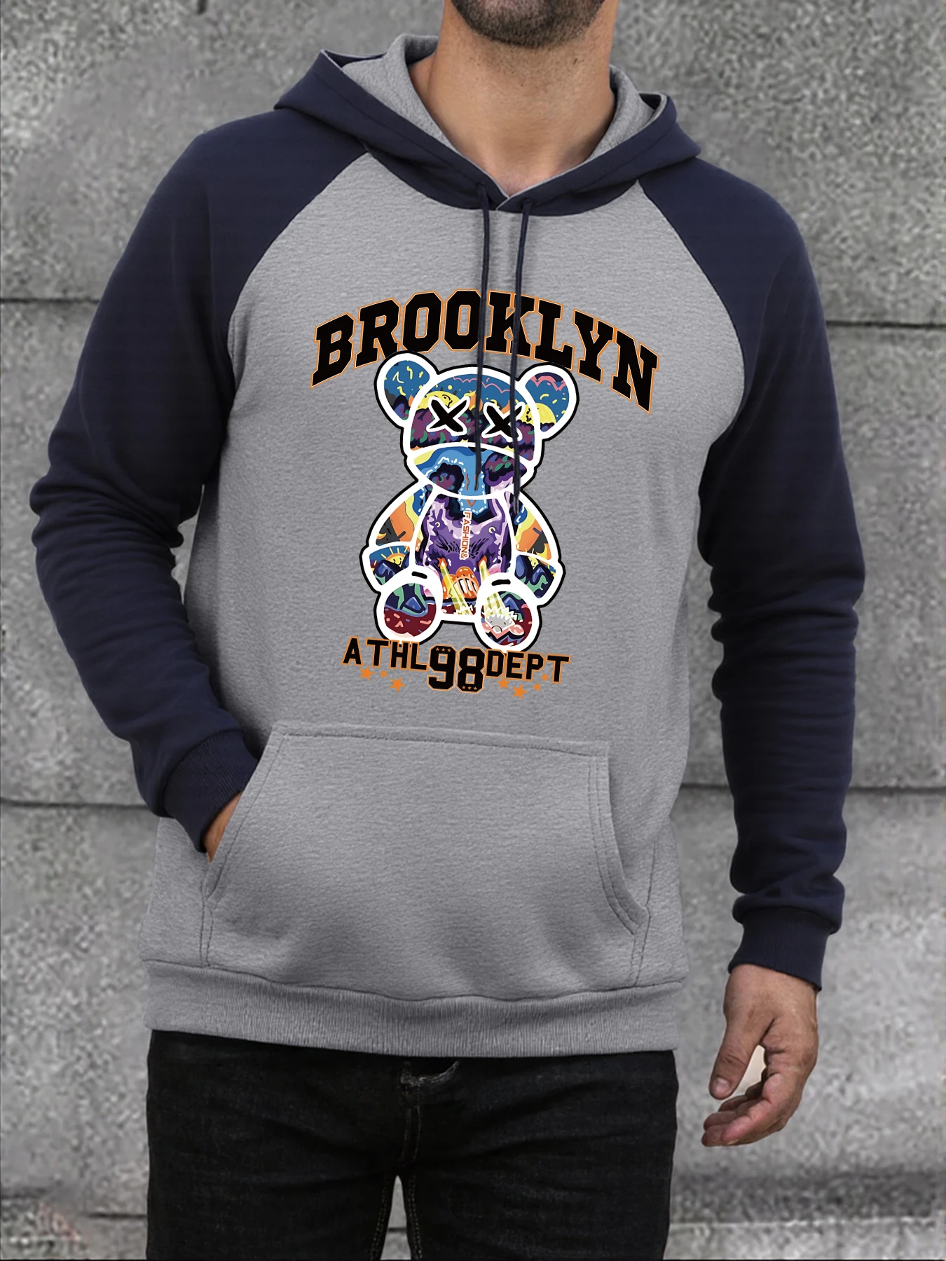 

Brooklyn Bear Design Мужские толстовки реглан Теплая свободная уличная толстовка с карманами Осенняя флисовая спортивная одежда Y2K Модные топы в стиле хип-хоп